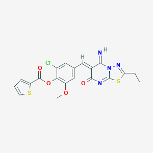 molecular formula C20H15ClN4O4S2 B327443 2-chloro-4-[(2-ethyl-5-imino-7-oxo-5H-[1,3,4]thiadiazolo[3,2-a]pyrimidin-6(7H)-ylidene)methyl]-6-methoxyphenyl 2-thiophenecarboxylate 