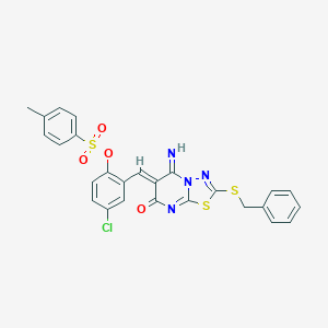 molecular formula C26H19ClN4O4S3 B327449 2-[(2-(benzylsulfanyl)-5-imino-7-oxo-5H-[1,3,4]thiadiazolo[3,2-a]pyrimidin-6(7H)-ylidene)methyl]-4-chlorophenyl 4-methylbenzenesulfonate 
