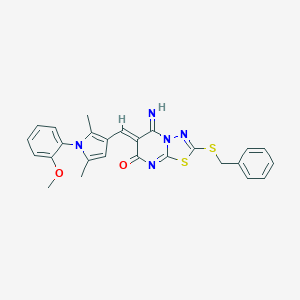 molecular formula C26H23N5O2S2 B327450 2-(benzylsulfanyl)-5-imino-6-{[1-(2-methoxyphenyl)-2,5-dimethyl-1H-pyrrol-3-yl]methylene}-5,6-dihydro-7H-[1,3,4]thiadiazolo[3,2-a]pyrimidin-7-one 
