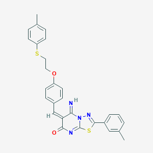 molecular formula C28H24N4O2S2 B327460 5-imino-2-(3-methylphenyl)-6-(4-{2-[(4-methylphenyl)sulfanyl]ethoxy}benzylidene)-5,6-dihydro-7H-[1,3,4]thiadiazolo[3,2-a]pyrimidin-7-one 