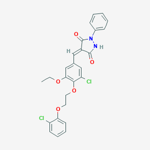 molecular formula C26H22Cl2N2O5 B327464 4-{3-Chloro-4-[2-(2-chlorophenoxy)ethoxy]-5-ethoxybenzylidene}-1-phenyl-3,5-pyrazolidinedione 