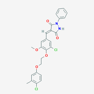 molecular formula C26H22Cl2N2O5 B327465 4-{3-Chloro-4-[2-(4-chloro-3-methylphenoxy)ethoxy]-5-methoxybenzylidene}-1-phenyl-3,5-pyrazolidinedione 