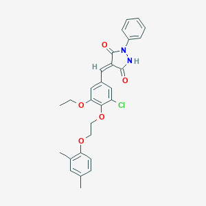 molecular formula C28H27ClN2O5 B327469 4-{3-Chloro-4-[2-(2,4-dimethylphenoxy)ethoxy]-5-ethoxybenzylidene}-1-phenyl-3,5-pyrazolidinedione 