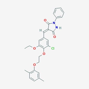 molecular formula C28H27ClN2O5 B327470 4-{3-Chloro-4-[2-(2,5-dimethylphenoxy)ethoxy]-5-ethoxybenzylidene}-1-phenyl-3,5-pyrazolidinedione 