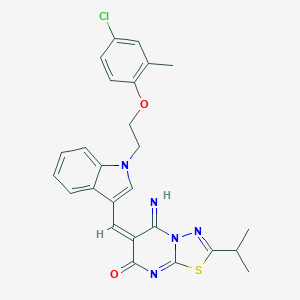 (6E)-6-({1-[2-(4-chloro-2-methylphenoxy)ethyl]-1H-indol-3-yl}methylidene)-5-imino-2-(propan-2-yl)-5,6-dihydro-7H-[1,3,4]thiadiazolo[3,2-a]pyrimidin-7-one