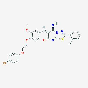 molecular formula C28H23BrN4O4S B327479 6-{4-[2-(4-bromophenoxy)ethoxy]-3-methoxybenzylidene}-5-imino-2-(2-methylphenyl)-5,6-dihydro-7H-[1,3,4]thiadiazolo[3,2-a]pyrimidin-7-one 