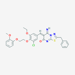 molecular formula C30H27ClN4O5S B327480 2-benzyl-6-{3-chloro-5-ethoxy-4-[2-(2-methoxyphenoxy)ethoxy]benzylidene}-5-imino-5,6-dihydro-7H-[1,3,4]thiadiazolo[3,2-a]pyrimidin-7-one 