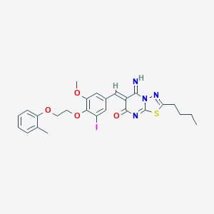 molecular formula C26H27IN4O4S B327482 2-butyl-5-imino-6-{3-iodo-5-methoxy-4-[2-(2-methylphenoxy)ethoxy]benzylidene}-5,6-dihydro-7H-[1,3,4]thiadiazolo[3,2-a]pyrimidin-7-one 