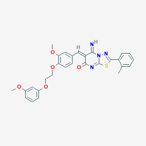 molecular formula C29H26N4O5S B327486 5-imino-6-{3-methoxy-4-[2-(3-methoxyphenoxy)ethoxy]benzylidene}-2-(2-methylphenyl)-5,6-dihydro-7H-[1,3,4]thiadiazolo[3,2-a]pyrimidin-7-one 