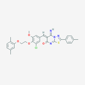 molecular formula C30H27ClN4O4S B327497 (6Z)-6-{3-chloro-4-[2-(2,5-dimethylphenoxy)ethoxy]-5-methoxybenzylidene}-5-imino-2-(4-methylphenyl)-5,6-dihydro-7H-[1,3,4]thiadiazolo[3,2-a]pyrimidin-7-one 