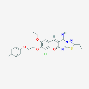 molecular formula C26H27ClN4O4S B327503 6-{3-chloro-4-[2-(2,4-dimethylphenoxy)ethoxy]-5-ethoxybenzylidene}-2-ethyl-5-imino-5,6-dihydro-7H-[1,3,4]thiadiazolo[3,2-a]pyrimidin-7-one 
