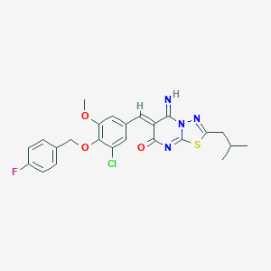 molecular formula C24H22ClFN4O3S B327526 6-{3-chloro-4-[(4-fluorobenzyl)oxy]-5-methoxybenzylidene}-5-imino-2-isobutyl-5,6-dihydro-7H-[1,3,4]thiadiazolo[3,2-a]pyrimidin-7-one 