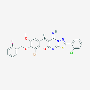 molecular formula C26H17BrClFN4O3S B327531 6-{3-bromo-4-[(2-fluorobenzyl)oxy]-5-methoxybenzylidene}-2-(2-chlorophenyl)-5-imino-5,6-dihydro-7H-[1,3,4]thiadiazolo[3,2-a]pyrimidin-7-one 
