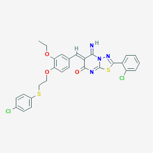 molecular formula C28H22Cl2N4O3S2 B327532 (6Z)-2-(2-chlorophenyl)-6-(4-{2-[(4-chlorophenyl)sulfanyl]ethoxy}-3-ethoxybenzylidene)-5-imino-5,6-dihydro-7H-[1,3,4]thiadiazolo[3,2-a]pyrimidin-7-one 
