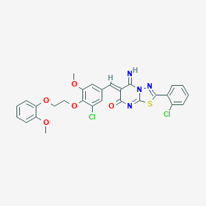 molecular formula C28H22Cl2N4O5S B327533 (6Z)-6-{3-chloro-5-methoxy-4-[2-(2-methoxyphenoxy)ethoxy]benzylidene}-2-(2-chlorophenyl)-5-imino-5,6-dihydro-7H-[1,3,4]thiadiazolo[3,2-a]pyrimidin-7-one 