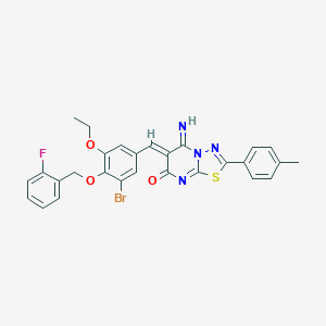 molecular formula C28H22BrFN4O3S B327537 6-{3-bromo-5-ethoxy-4-[(2-fluorobenzyl)oxy]benzylidene}-5-imino-2-(4-methylphenyl)-5,6-dihydro-7H-[1,3,4]thiadiazolo[3,2-a]pyrimidin-7-one 
