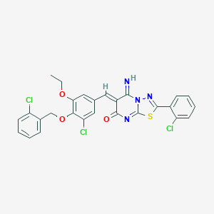 molecular formula C27H19Cl3N4O3S B327546 (6Z)-6-{3-chloro-4-[(2-chlorobenzyl)oxy]-5-ethoxybenzylidene}-2-(2-chlorophenyl)-5-imino-5,6-dihydro-7H-[1,3,4]thiadiazolo[3,2-a]pyrimidin-7-one 