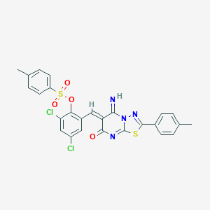 molecular formula C26H18Cl2N4O4S2 B327548 2,4-dichloro-6-{(Z)-[5-imino-2-(4-methylphenyl)-7-oxo-5H-[1,3,4]thiadiazolo[3,2-a]pyrimidin-6(7H)-ylidene]methyl}phenyl 4-methylbenzenesulfonate 