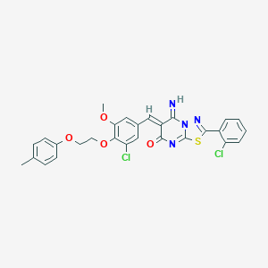 molecular formula C28H22Cl2N4O4S B327555 (6Z)-6-{3-chloro-5-methoxy-4-[2-(4-methylphenoxy)ethoxy]benzylidene}-2-(2-chlorophenyl)-5-imino-5,6-dihydro-7H-[1,3,4]thiadiazolo[3,2-a]pyrimidin-7-one 