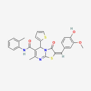 molecular formula C27H23N3O4S2 B3275561 (E)-2-(4-hydroxy-3-methoxybenzylidene)-7-methyl-3-oxo-5-(thiophen-2-yl)-N-(o-tolyl)-3,5-dihydro-2H-thiazolo[3,2-a]pyrimidine-6-carboxamide CAS No. 627038-70-4