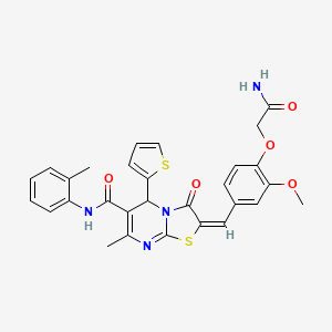 molecular formula C29H26N4O5S2 B3275574 (2E)-2-{[4-(carbamoylmethoxy)-3-methoxyphenyl]methylidene}-7-methyl-N-(2-methylphenyl)-3-oxo-5-(thiophen-2-yl)-2H,3H,5H-[1,3]thiazolo[3,2-a]pyrimidine-6-carboxamide CAS No. 627038-74-8
