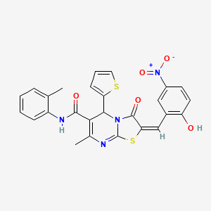 (E)-2-(2-hydroxy-5-nitrobenzylidene)-7-methyl-3-oxo-5-(thiophen-2-yl)-N-(o-tolyl)-3,5-dihydro-2H-thiazolo[3,2-a]pyrimidine-6-carboxamide