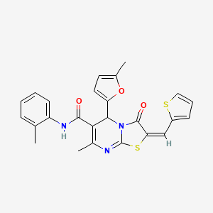 molecular formula C25H21N3O3S2 B3275582 (E)-7-methyl-5-(5-methylfuran-2-yl)-3-oxo-2-(thiophen-2-ylmethylene)-N-(o-tolyl)-3,5-dihydro-2H-thiazolo[3,2-a]pyrimidine-6-carboxamide CAS No. 627038-87-3