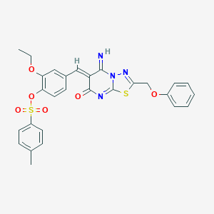 molecular formula C28H24N4O6S2 B327562 2-ethoxy-4-{(Z)-[5-imino-7-oxo-2-(phenoxymethyl)-5H-[1,3,4]thiadiazolo[3,2-a]pyrimidin-6(7H)-ylidene]methyl}phenyl 4-methylbenzenesulfonate 
