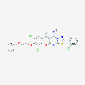 molecular formula C26H17Cl3N4O3S B327568 (6Z)-2-(2-chlorophenyl)-6-[3,5-dichloro-4-(2-phenoxyethoxy)benzylidene]-5-imino-5,6-dihydro-7H-[1,3,4]thiadiazolo[3,2-a]pyrimidin-7-one 