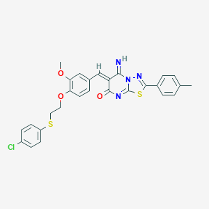 molecular formula C28H23ClN4O3S2 B327578 6-(4-{2-[(4-chlorophenyl)sulfanyl]ethoxy}-3-methoxybenzylidene)-5-imino-2-(4-methylphenyl)-5,6-dihydro-7H-[1,3,4]thiadiazolo[3,2-a]pyrimidin-7-one 
