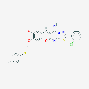 molecular formula C28H23ClN4O3S2 B327579 (6Z)-2-(2-chlorophenyl)-5-imino-6-(3-methoxy-4-{2-[(4-methylphenyl)sulfanyl]ethoxy}benzylidene)-5,6-dihydro-7H-[1,3,4]thiadiazolo[3,2-a]pyrimidin-7-one 