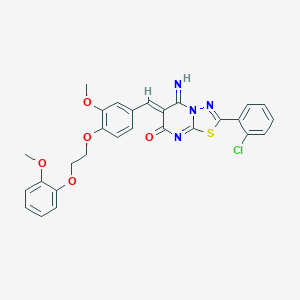 molecular formula C28H23ClN4O5S B327580 (6Z)-2-(2-chlorophenyl)-5-imino-6-{3-methoxy-4-[2-(2-methoxyphenoxy)ethoxy]benzylidene}-5,6-dihydro-7H-[1,3,4]thiadiazolo[3,2-a]pyrimidin-7-one 
