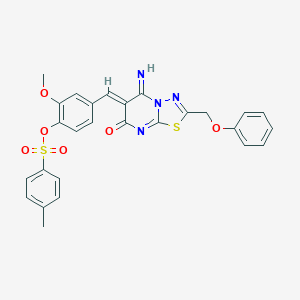molecular formula C27H22N4O6S2 B327581 4-{(Z)-[5-imino-7-oxo-2-(phenoxymethyl)-5H-[1,3,4]thiadiazolo[3,2-a]pyrimidin-6(7H)-ylidene]methyl}-2-methoxyphenyl 4-methylbenzenesulfonate 