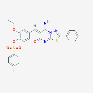 molecular formula C28H24N4O5S2 B327586 2-ethoxy-4-{(Z)-[5-imino-2-(4-methylphenyl)-7-oxo-5H-[1,3,4]thiadiazolo[3,2-a]pyrimidin-6(7H)-ylidene]methyl}phenyl 4-methylbenzenesulfonate 
