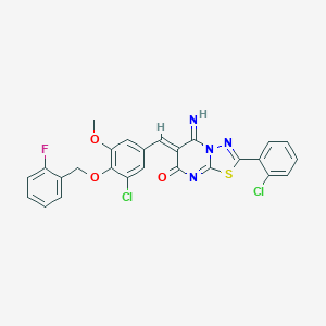 molecular formula C26H17Cl2FN4O3S B327594 (6Z)-6-{3-chloro-4-[(2-fluorobenzyl)oxy]-5-methoxybenzylidene}-2-(2-chlorophenyl)-5-imino-5,6-dihydro-7H-[1,3,4]thiadiazolo[3,2-a]pyrimidin-7-one 