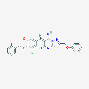 molecular formula C27H20ClFN4O4S B327599 (6Z)-6-{3-chloro-4-[(2-fluorobenzyl)oxy]-5-methoxybenzylidene}-5-imino-2-(phenoxymethyl)-5,6-dihydro-7H-[1,3,4]thiadiazolo[3,2-a]pyrimidin-7-one 