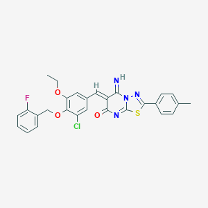 molecular formula C28H22ClFN4O3S B327602 6-{3-chloro-5-ethoxy-4-[(2-fluorobenzyl)oxy]benzylidene}-5-imino-2-(4-methylphenyl)-5,6-dihydro-7H-[1,3,4]thiadiazolo[3,2-a]pyrimidin-7-one 