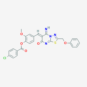 molecular formula C27H19ClN4O5S B327605 4-{(Z)-[5-imino-7-oxo-2-(phenoxymethyl)-5H-[1,3,4]thiadiazolo[3,2-a]pyrimidin-6(7H)-ylidene]methyl}-2-methoxyphenyl 4-chlorobenzoate 