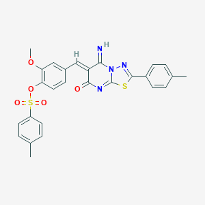 molecular formula C27H22N4O5S2 B327606 4-{(Z)-[5-imino-2-(4-methylphenyl)-7-oxo-5H-[1,3,4]thiadiazolo[3,2-a]pyrimidin-6(7H)-ylidene]methyl}-2-methoxyphenyl 4-methylbenzenesulfonate 