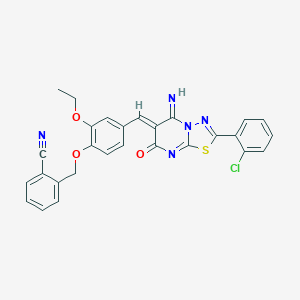 molecular formula C28H20ClN5O3S B327609 2-[(4-{(Z)-[2-(2-chlorophenyl)-5-imino-7-oxo-5H-[1,3,4]thiadiazolo[3,2-a]pyrimidin-6(7H)-ylidene]methyl}-2-ethoxyphenoxy)methyl]benzonitrile 