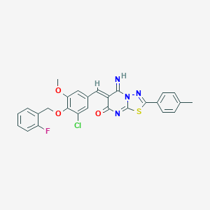 molecular formula C27H20ClFN4O3S B327622 6-{3-chloro-4-[(2-fluorobenzyl)oxy]-5-methoxybenzylidene}-5-imino-2-(4-methylphenyl)-5,6-dihydro-7H-[1,3,4]thiadiazolo[3,2-a]pyrimidin-7-one 