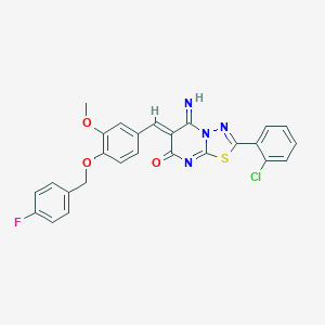 molecular formula C26H18ClFN4O3S B327646 (6Z)-2-(2-chlorophenyl)-6-{4-[(4-fluorobenzyl)oxy]-3-methoxybenzylidene}-5-imino-5,6-dihydro-7H-[1,3,4]thiadiazolo[3,2-a]pyrimidin-7-one 