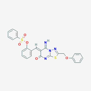 molecular formula C25H18N4O5S2 B327650 2-{(Z)-[5-imino-7-oxo-2-(phenoxymethyl)-5H-[1,3,4]thiadiazolo[3,2-a]pyrimidin-6(7H)-ylidene]methyl}phenyl benzenesulfonate 