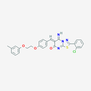 molecular formula C27H21ClN4O3S B327653 (6Z)-2-(2-chlorophenyl)-5-imino-6-{4-[2-(3-methylphenoxy)ethoxy]benzylidene}-5,6-dihydro-7H-[1,3,4]thiadiazolo[3,2-a]pyrimidin-7-one 