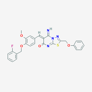 molecular formula C27H21FN4O4S B327657 (6Z)-6-{4-[(2-fluorobenzyl)oxy]-3-methoxybenzylidene}-5-imino-2-(phenoxymethyl)-5,6-dihydro-7H-[1,3,4]thiadiazolo[3,2-a]pyrimidin-7-one 