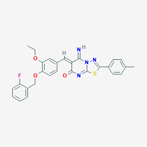 molecular formula C28H23FN4O3S B327658 (6Z)-6-{3-ethoxy-4-[(2-fluorobenzyl)oxy]benzylidene}-5-imino-2-(4-methylphenyl)-5,6-dihydro-7H-[1,3,4]thiadiazolo[3,2-a]pyrimidin-7-one 