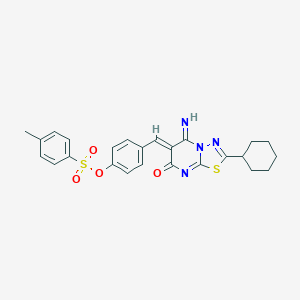 molecular formula C25H24N4O4S2 B327663 4-[(Z)-(2-cyclohexyl-5-imino-7-oxo-5H-[1,3,4]thiadiazolo[3,2-a]pyrimidin-6(7H)-ylidene)methyl]phenyl 4-methylbenzenesulfonate 