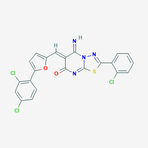 molecular formula C22H11Cl3N4O2S B327672 (6Z)-2-(2-chlorophenyl)-6-{[5-(2,4-dichlorophenyl)furan-2-yl]methylidene}-5-imino-5,6-dihydro-7H-[1,3,4]thiadiazolo[3,2-a]pyrimidin-7-one 