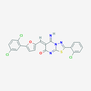 molecular formula C22H11Cl3N4O2S B327673 (6Z)-2-(2-chlorophenyl)-6-{[5-(2,5-dichlorophenyl)furan-2-yl]methylidene}-5-imino-5,6-dihydro-7H-[1,3,4]thiadiazolo[3,2-a]pyrimidin-7-one 