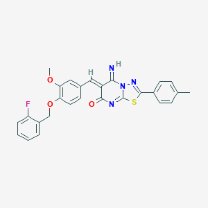 molecular formula C27H21FN4O3S B327674 (6Z)-6-{4-[(2-fluorobenzyl)oxy]-3-methoxybenzylidene}-5-imino-2-(4-methylphenyl)-5,6-dihydro-7H-[1,3,4]thiadiazolo[3,2-a]pyrimidin-7-one 